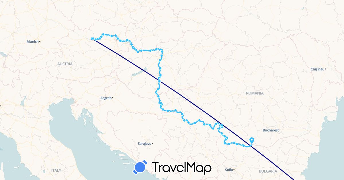 TravelMap itinerary: driving, boat in Austria, Hungary, Romania, Serbia, Slovakia, Turkey (Asia, Europe)